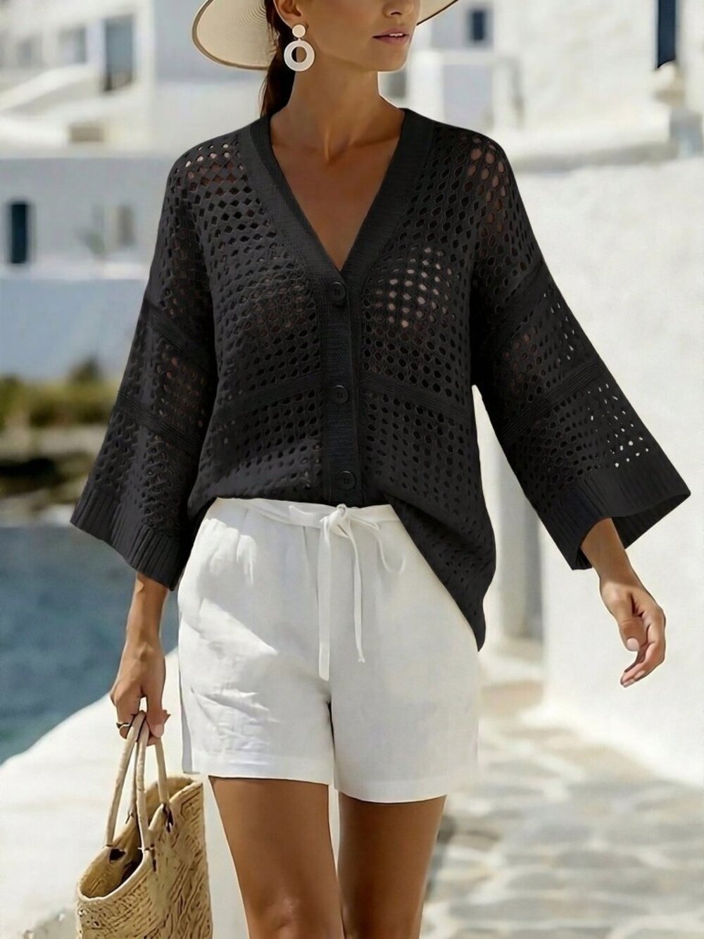 Black Casual Women's V-Neck Sleeveless Mesh Loose Cardigan - Picture 5 of 6